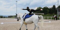 Pferd und Reiterin beim Voltigieren am Platz