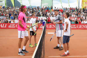 WOERSCHACH,AUSTRIA,16.JUL.18 - TENNIS - Adidas Club Challenge, Dominic Thiem vs Stefano Tsitsipas. Image shows Stefanos Tsitsipas (GRE) and Dominic Thiem (AUT) with children. 