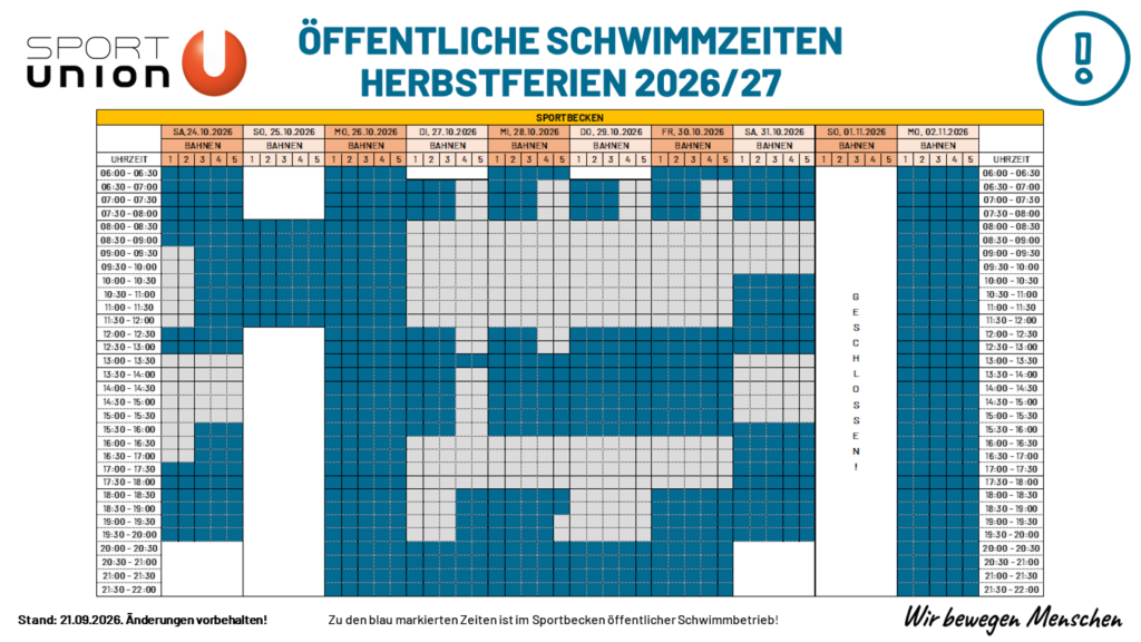 Schwimmzeiten Herbstferien 2026 Sportbecken