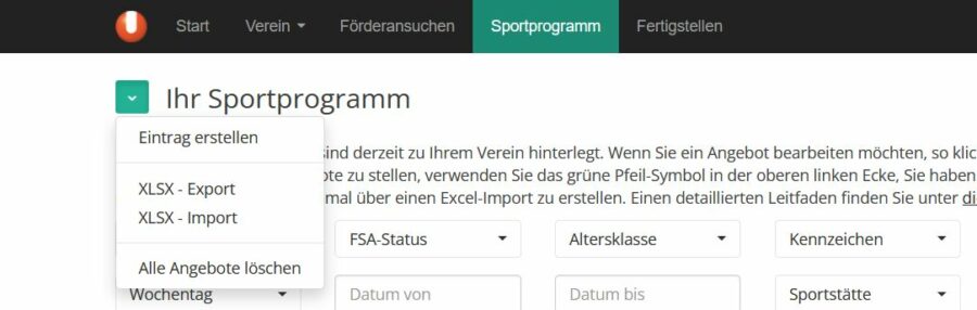 Screenshot Import/Export Sportangebote